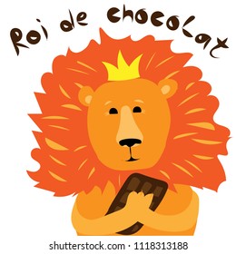 Lion king with a big chocolate bar vector illustration for a greeting card.