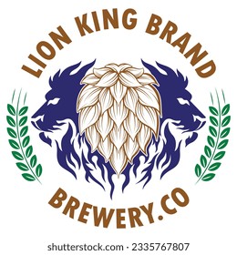 Lion king brewery logo, A very elegant logo with two lion heads flanking the hops, very professional and makes your business stand out on top.  Use this logo to advance your beer business.