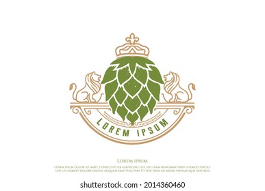 Lion King Crown Crest Hop for Beer Brewing Brewery Label Logo Design Vector