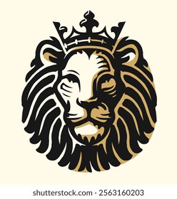 Lion king with crown emblem logo. Royal power, authority symbol. Head of predator animal vector illustration