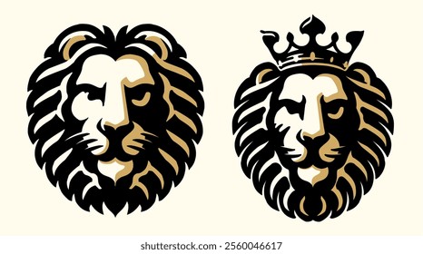 Lion king with crown emblem. Royal predator animal logo symbol. Vector illustration