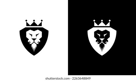 lion king with crown logo vector shield monogram black and white icon style Design template