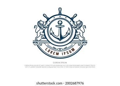 Lion King Crown with Steer Wheel, Anchor and Rope for Nautical Marine Boat Ship Badge Emblem Logo Design Vector