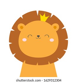 Lion King Face Head Icon. Kawaii Animal. Golden Crown. Cartoon Funny Baby Character. Kids Print For Poster, T-shirt. Love. Scandinavian Style. Flat Design. White Background. Vector Illustration