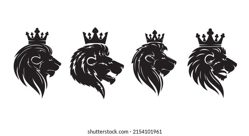 Lion king head with crown, heraldry royal icon or heraldic emblem, vector animal coat of arms. Heraldic lion with crown crest silhouette, royal shield or mascot badge, rampant Leo for imperial blazon