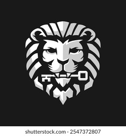 lion king head mascot with key, black and white color vector