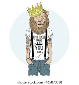 lion king hipster with tattoo dressed up in cool t-shirt, furry art illustration, fashion animals