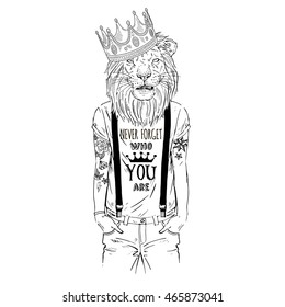 lion king hipster with tattoo dressed up in cool t-shirt, furry art illustration, fashion animals