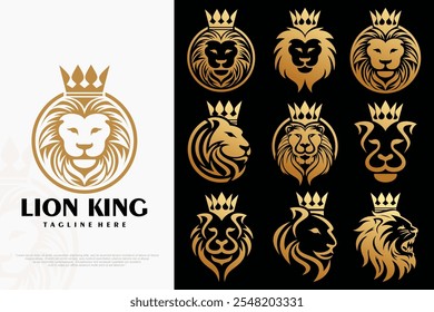 lion king icon set logo design . lion head and crown emblem icon art . vector illustration