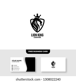 Lion King Logo with Crown Element Vector Template, Free Business Card Mockup