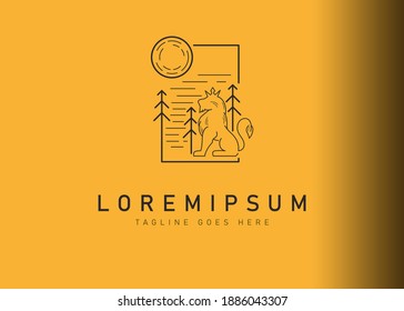 Diseño del logo del rey león. Ilustración vectorial del rey León con el bosque y la luna. Plantilla de icono de línea vectorial de diseño de logotipo de vintage