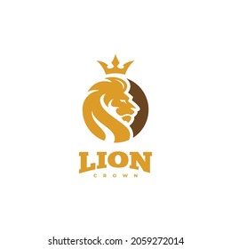 Lion king logo, Lion head face silhouette, crown and circle vector icon