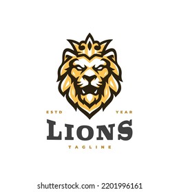 Lion king mascot logo design. Lion head with crown emblem vector illustration