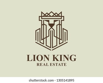 Lion King Real Estate Logo Design. Lion Estate Crown Style Modern. Building Lion Face, Brings this Attractive and Unique design to a Related Real Estate Company.