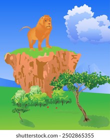 Lion the king of the savannah looks proudly from a cliff into the blue distance. Vector illustration.