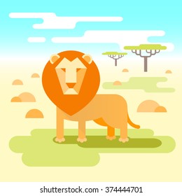 Lion - king of the savannah. Summer landscape flat vector illustration