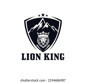 lion king shield logo vector design with mountain