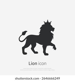 Lion King silhouette logo. Black Lion with Crown icon isolated on white background. Vector illustration.