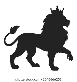 Lion King silhouette logo. Black Lion with Crown icon isolated on white background. Vector illustration.
