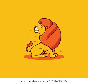 El rey del león se sienta, logo. Caricatura sonriente, logotipo, placa, pegatina, emblema sobre fondo amarillo aislado. Ilustración vectorial, plano, estilo de arte lineal, diseño creativo