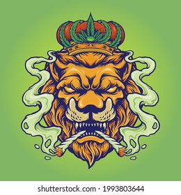 Lion King Smoke Weed Mascot Vector illustrations for your work Logo, mascot merchandise t-shirt, stickers and Label designs, poster, greeting cards advertising business company or brands.