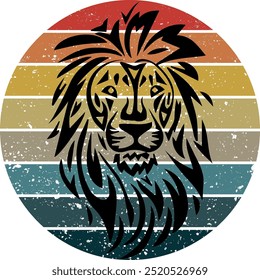 Lion King Sunset Retro Vector Illustration, Silhouette Lion Vector Design, Abstract Lion T-Shirt Design, Grunge and Colorful Graphics Design, Printable Mug Design