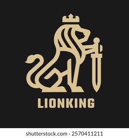 Lion king with sword logo on a dark background.