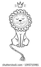 The lion king. Vector black and white illustration of the young lion with crown