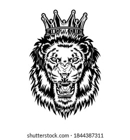 Lion king vector illustration. Head of angry roaring male animal with mane and royal crown. Power concept for tattoo templates, wildlife or leadership topics