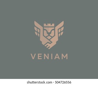 Lion king wings vector logotype. Handshake crown luxury logo design. Premium business symbol.