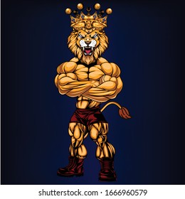 Lion King.Angry mascot design isolated.Strong body full of muscles.Vector Illustration.