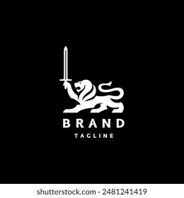 Lion Knight Raises Sword Logo Design. Brave Lion Silhouette Raises Sword Up Logo Design.