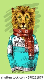 Lion in knitted sweater. Vector illustration for greeting card, poster, or print on clothes. Fashion Style drawing. Hipster.