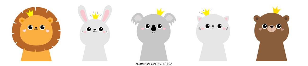 Lion koala Bär Katzenbär Hase mit Gesicht Symbol Satz. Skandinavischer Stil. Goldene Krone. Cute kawaii Cartoon lustige Babyfigur. Kinder drucken Poster, T-Shirt. Love Flache, weißer Hintergrund Vektorillustration