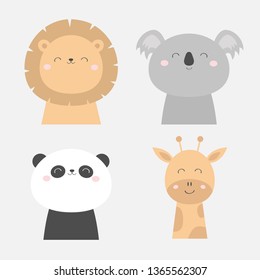 Lion Koala Panda bear Giraffe face head icon set. Kawaii animal. Cute cartoon character. Funny baby kids print. Love Greeting card. Flat design. White background. Isolated. Vector illustration