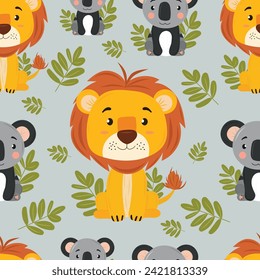 Lion and koala seamless pattern on light gray background. Funny cartoon animals theme. For characters of children's cartoons, books, textiles.