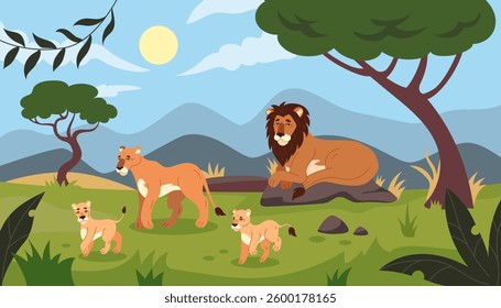 Lion in landscape Africa. Family resting feline. Savannah African lioness, cub, baby. Wildlife panorama. Predator mammal. Vector illustration background tidy cartoon flat style isolated illustration