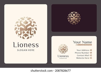 lion leaf logo design with business card template in a golden color.
