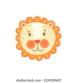 Lion or leo cute animal face isolated flat cartoon head. Vector funny childish mask, king of animals head, strong predator. Wildlife funny lion, baby kids toy. Cute comic emoticon emoji design