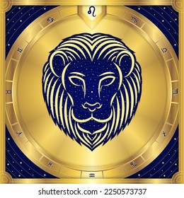 León León Zodiac, Meander Griego Dorado Clásico de Lujo, Signo Estelar Estelar, Astrología de Horóscopo Teleo de Fortuna y Predicción Futura, Ilustración de Diseño Vector de Icono de Insignia de Elemento.