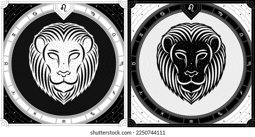 Lion Leo Zodiac Sign, Classic Greek Meander Black-White Silhouette, Stellar Star Sign, Horoscope Astrology Fortune-Telling and Future Prediction, Badge Icon Vector Design Illustration.