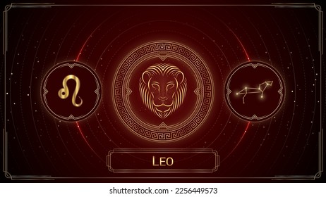 Lion Leo Zodiac Sign, Symbol, Stellar Star Constellation, Classic Greek Meander Wheel, Horoscope and Astrology, Fortune-Telling, Stellar Backdrop Background