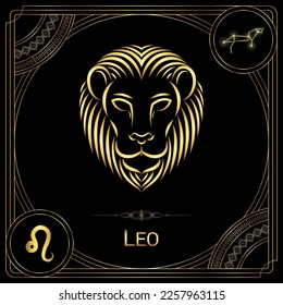 Lion Leo Zodiac Sign, Symbol, Stellar Star Constellation, Horoscope and Astrology, Fortune-Telling Square Badge Icon Vector Illustration