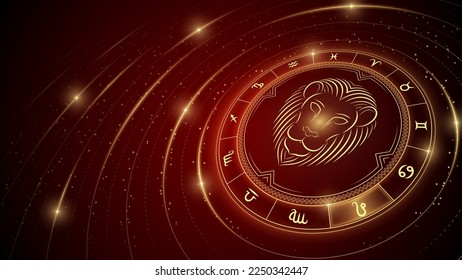 Lion Leo Zodiac Symbol, Wheel of Twelve Sign, Star Trail, Glowing Ray of Star Light in Space, Horoscope and Astrology, Fortune-Telling, Stellar Backdrop Background Vector Illustration.