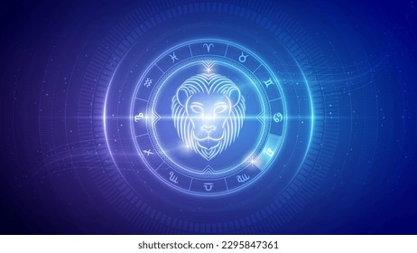 Lion Leo Zodiac Wheel Star Sign Futuristic Hologram Neon Glow Cybernetic Digital Translucent Horoscope, Astrology and Fortune-Telling Backdrop Background Illustration