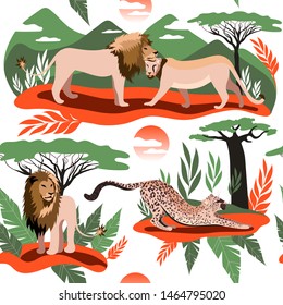 Lion and leopard in the forest. Seamless pattern of African animals of the cat family