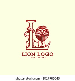 Lion with a letter L logo template design in linear style. Vector illustration.