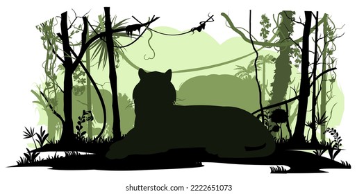 Lion lies on grass. Predator Wild animals. Silhouette figures. Jungle rainforest. Overgrown with trees and grass. Isolated on white background. Vector