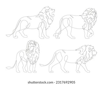 Lion line art drawing collection. One continuous line drawing of lion vector illustration set. Safari zoo concept icon set. Lion modern minimalist icon pack. Lion logo symbol. Vector illustration