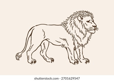 Lion Line Art Vector Illustration, Vintage Hand-Drawn Wild Animal Outline Design